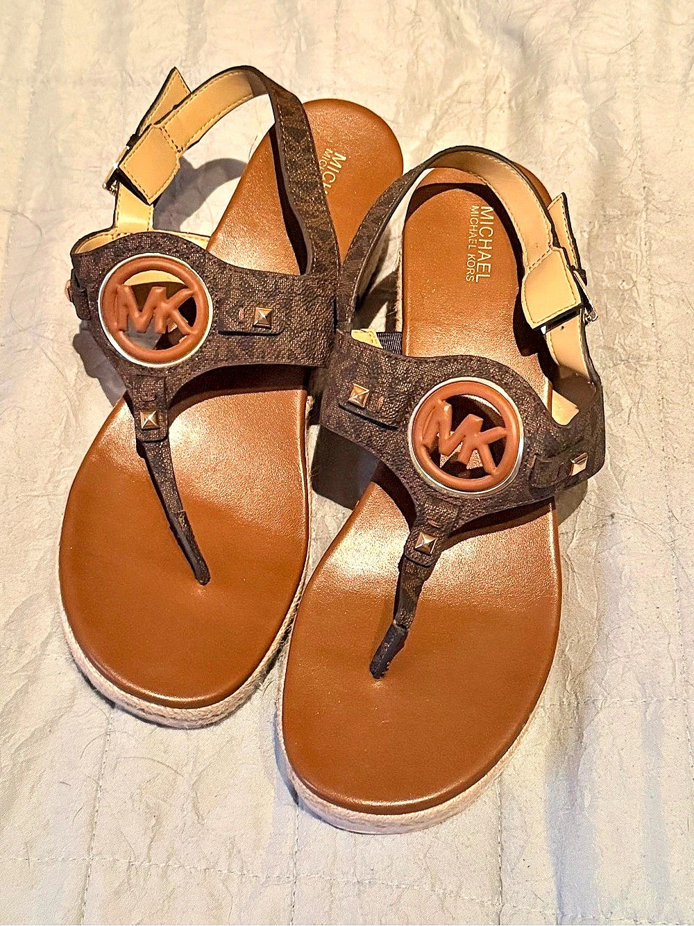Michael Kors Val Signature Logo Thong Wedge Sandal Sandals Brown & Tan
